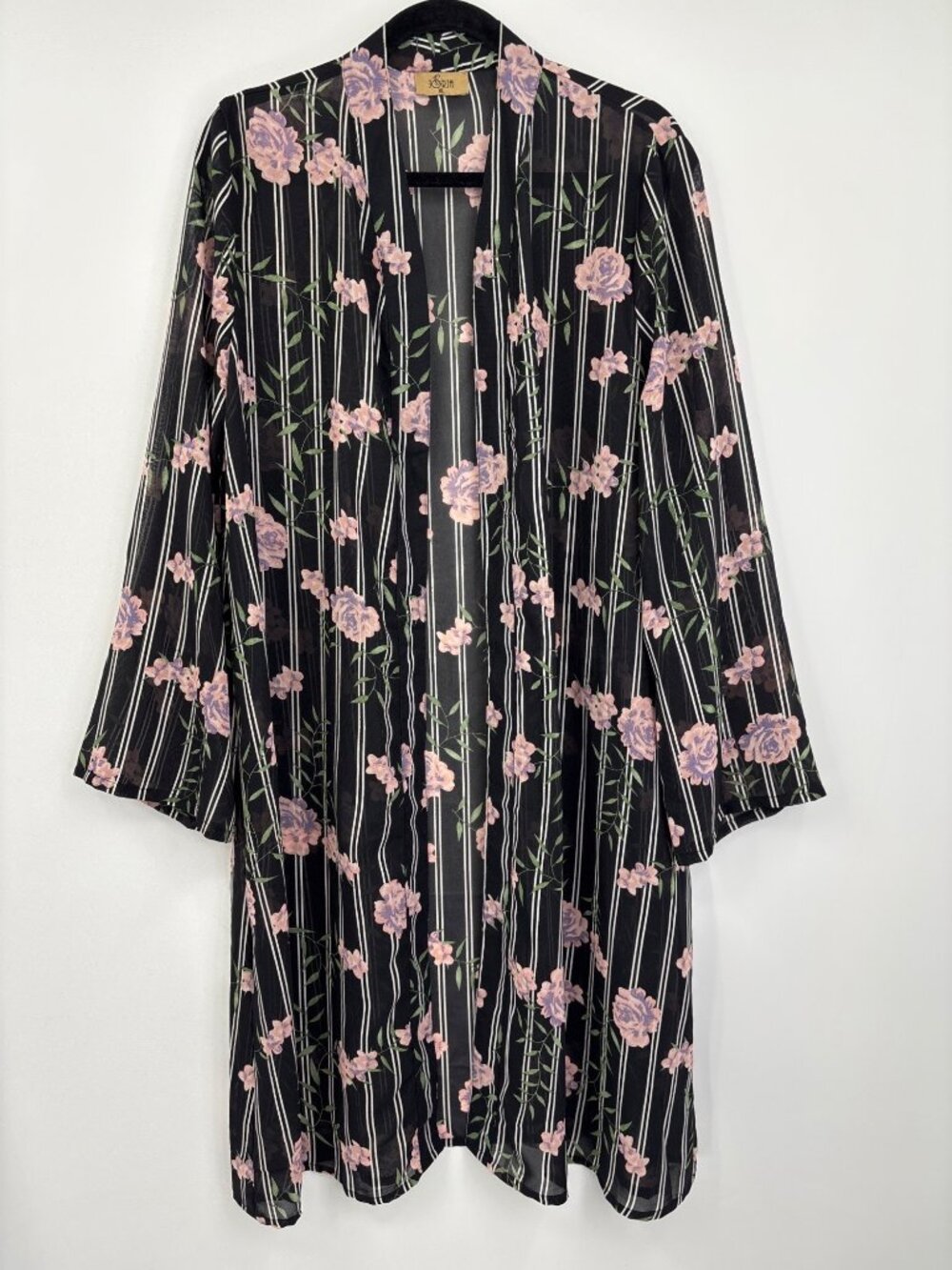 Jorja Floral Striped Sheer Kimono Cardigan Black Pink Size Large